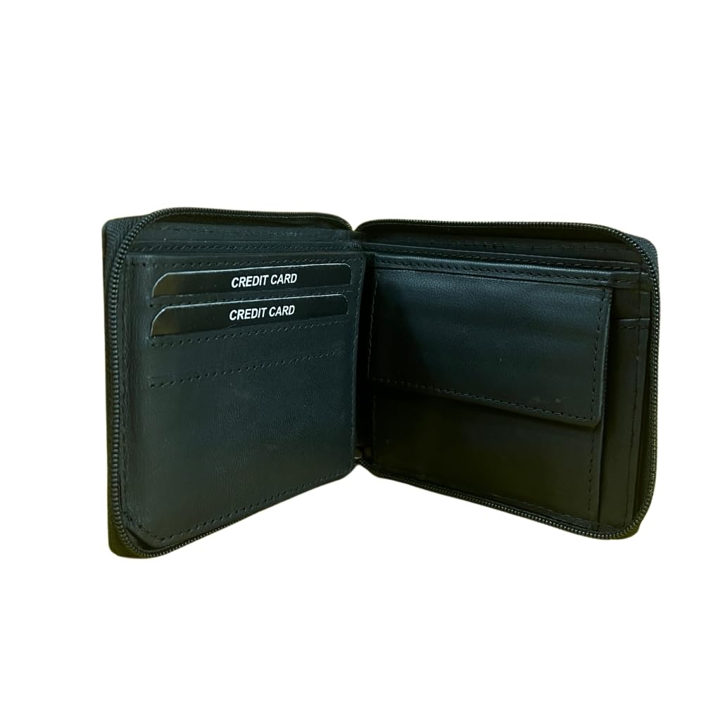 Madosh Genuine Leather Men's Wallet Black Bifold Purse | RFID Protected | Cards Holder Coin Pocket | Zip Closure for Safety